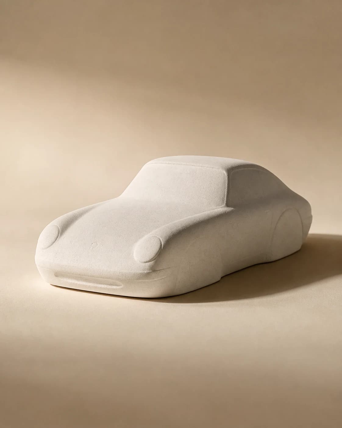 Naturweißes handgefertigtes Gipsobjekt in automobiler Form